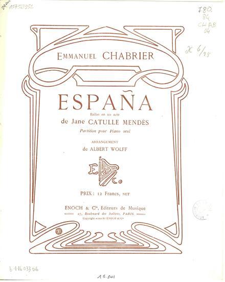 España (d'après Chabrier), pour piano et violon ou flûte, WALDTEUFEL Emile | Suono Flauti